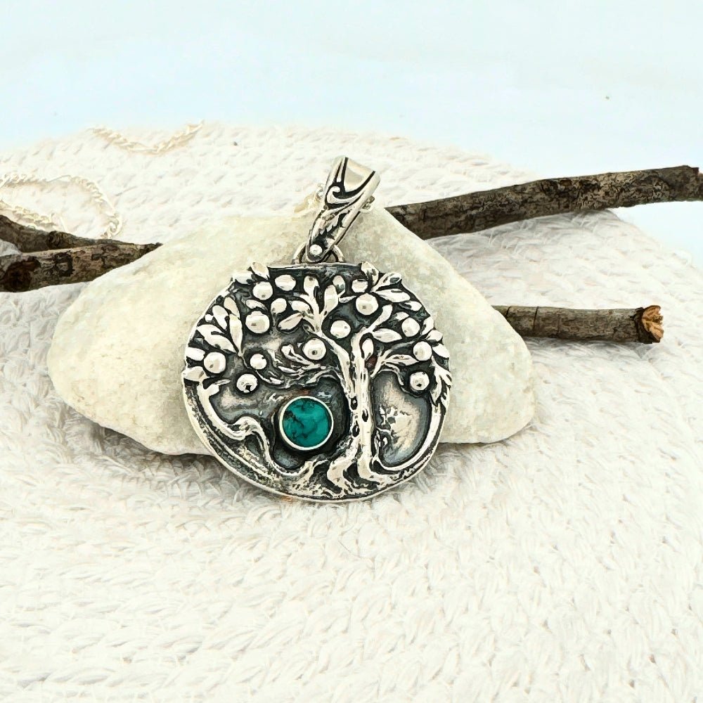 Tree of Life Turquoise Silver Pendant Necklace - 