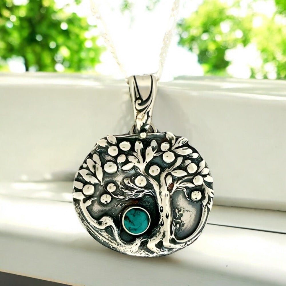 Tree of Life Turquoise Silver Pendant Necklace - 