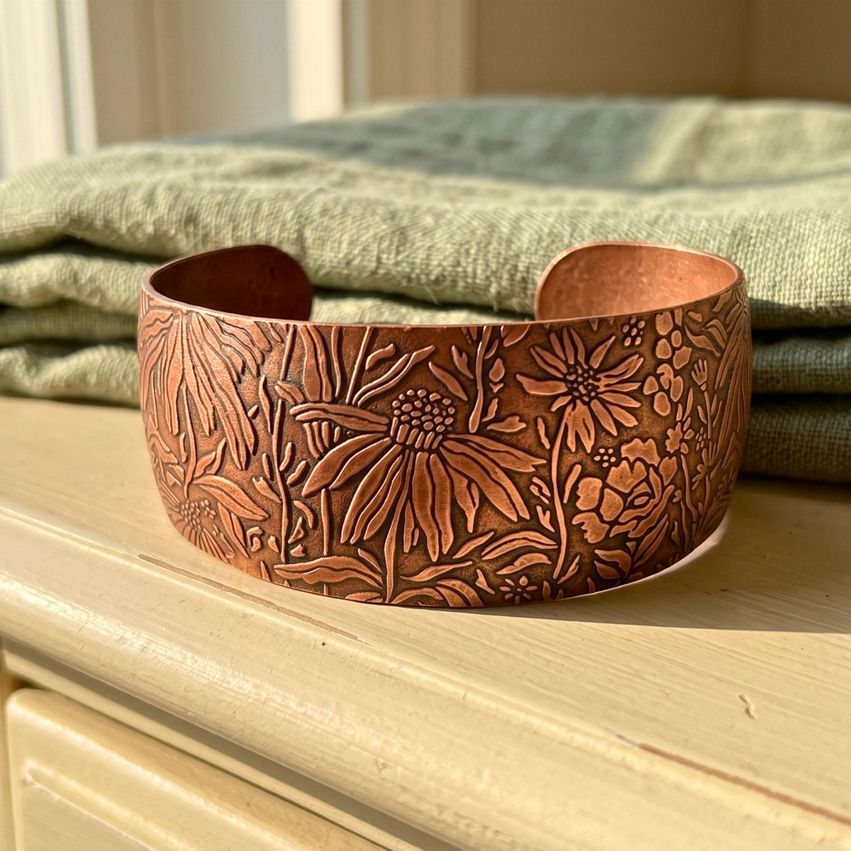 wildflower handmade copper cuff 

