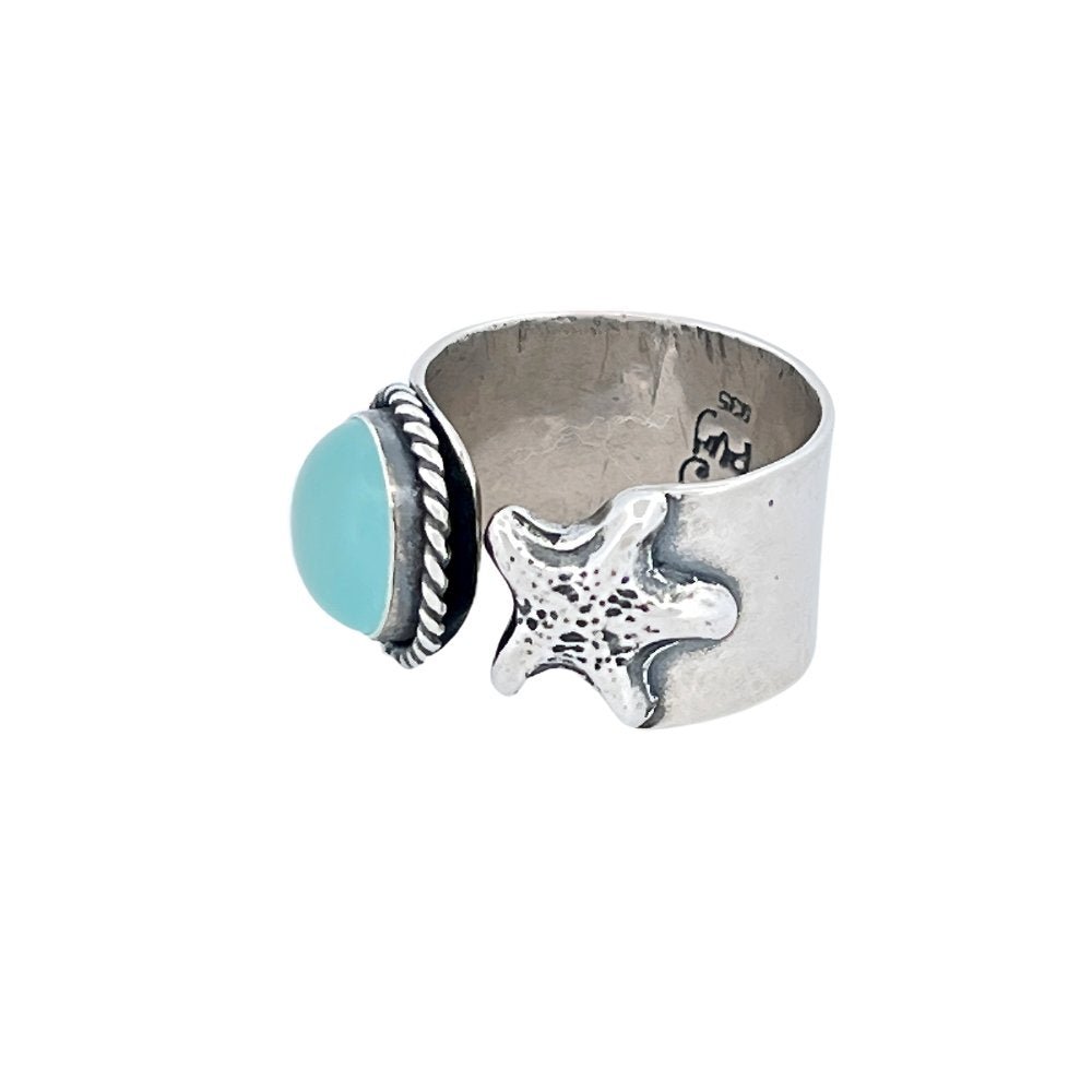 Adjustable Aqua Chalcedony Starfish Silver Wrap Ring -