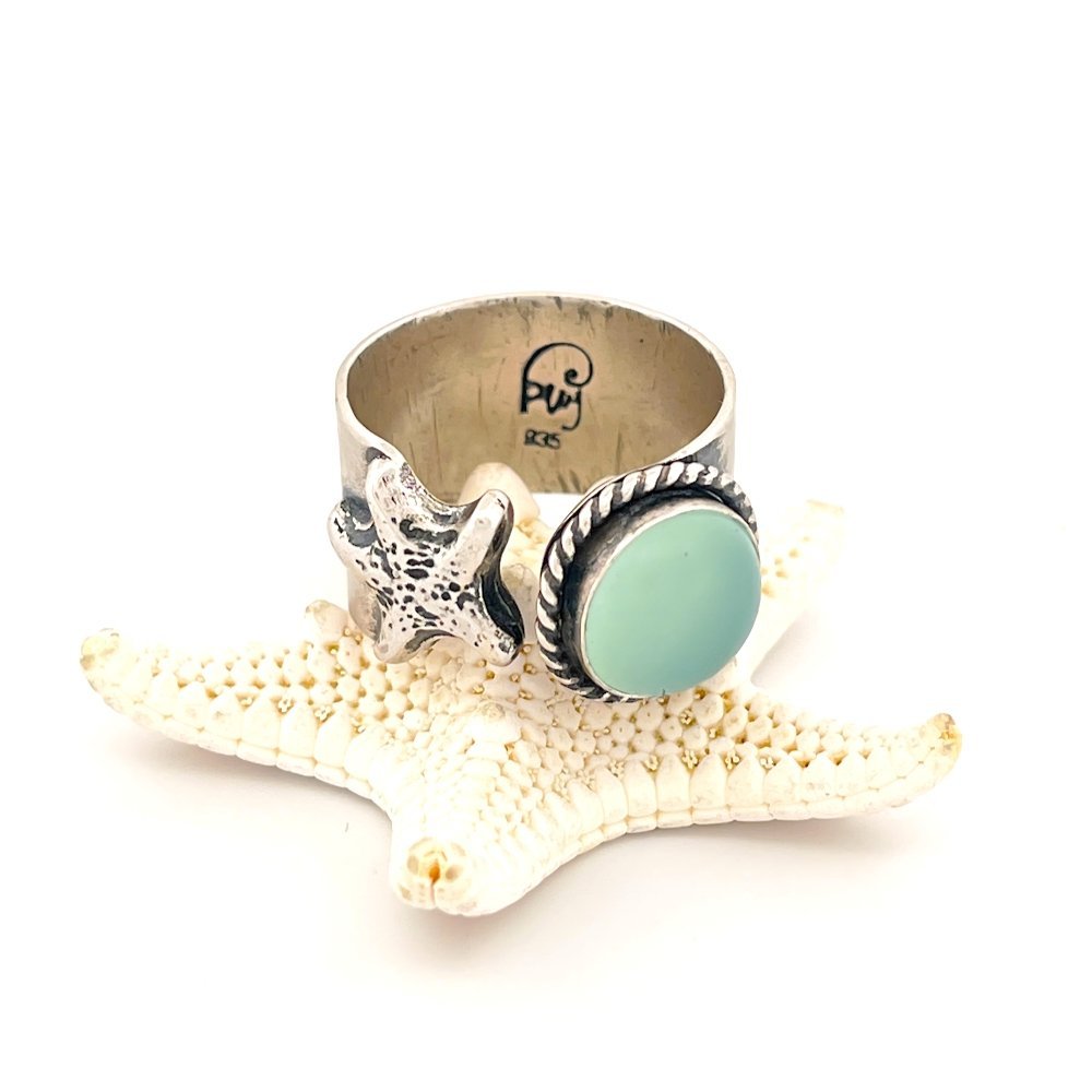 Adjustable Aqua Chalcedony Starfish Silver Wrap Ring -