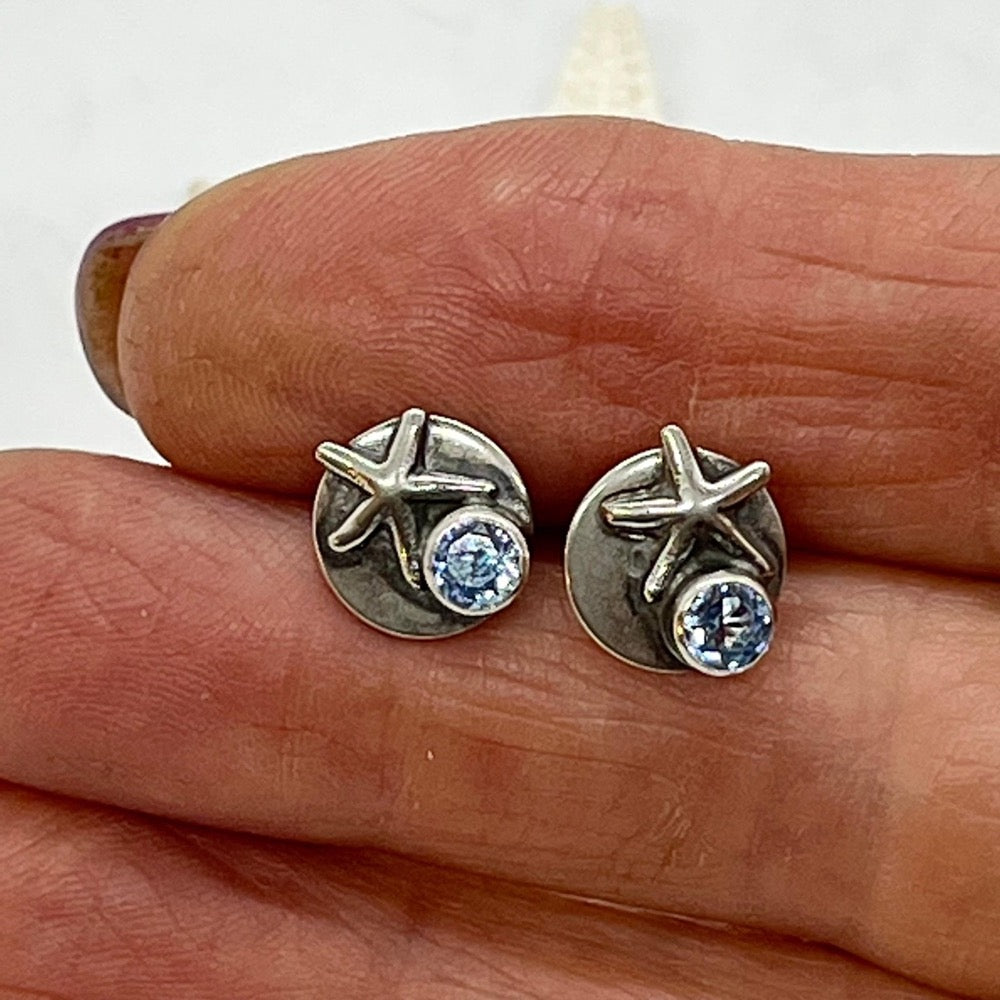 Aquamarine and Starfish Silver Stud Earrings -