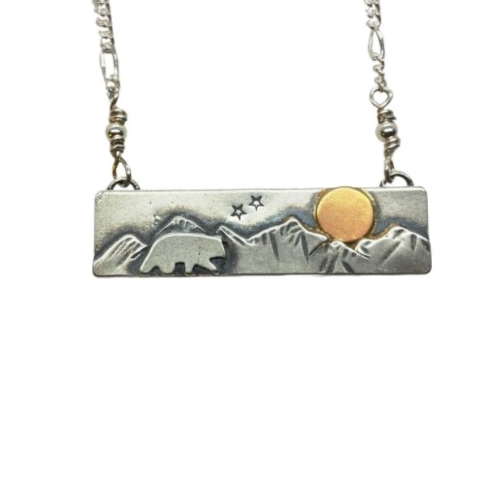 Bear and Gold Moon Mountain silver Bar Necklace -