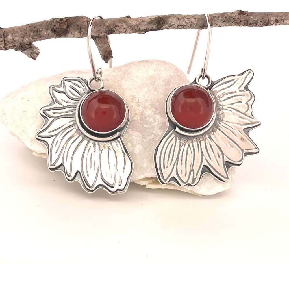 Carnelian Sunflower Silver Earrings -