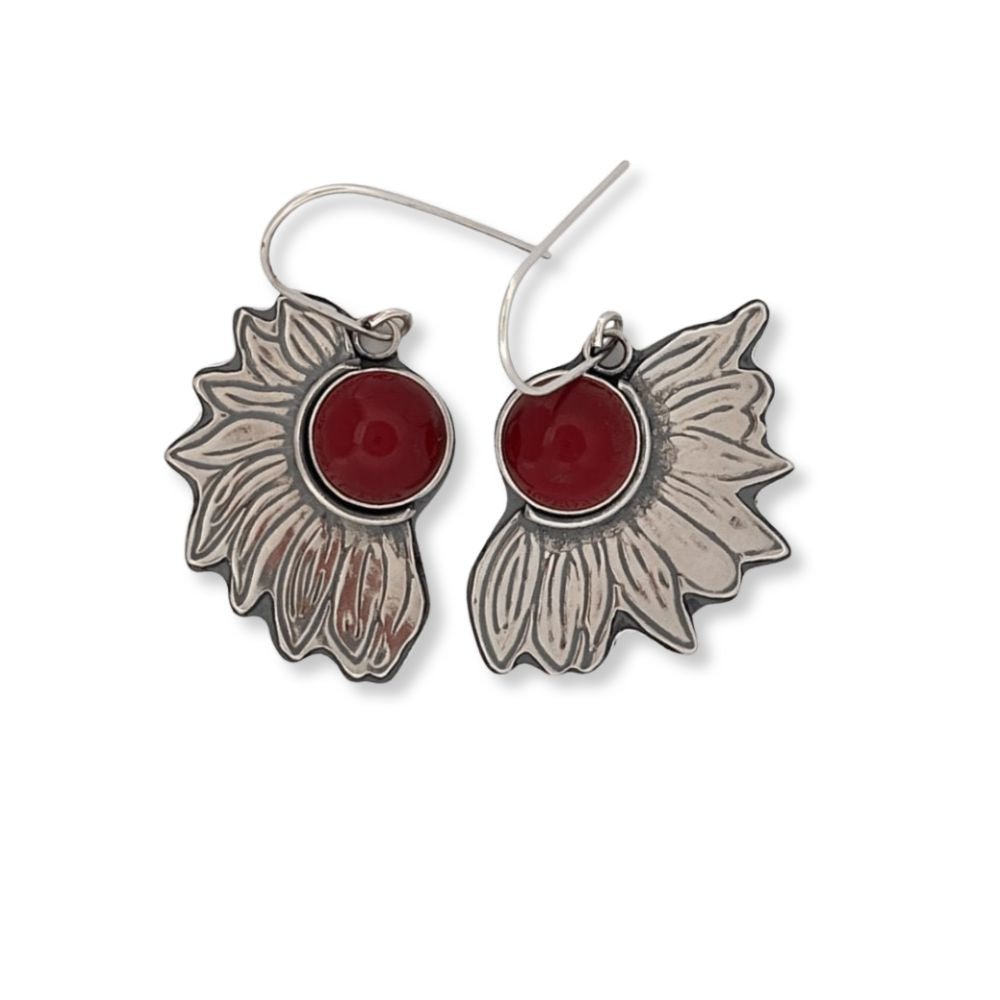 Carnelian Sunflower Silver Earrings -