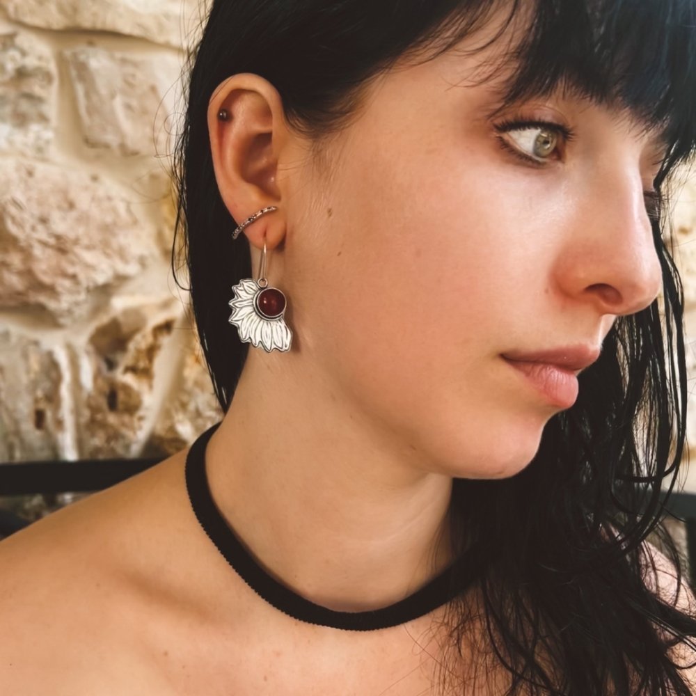 Carnelian Sunflower Silver Earrings -
