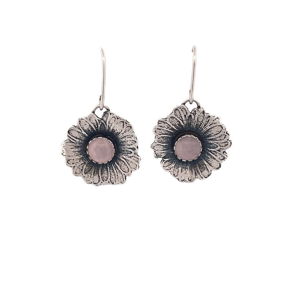 Daisy with Rose Quartz Silver Earrings - pure whimsy jewelry