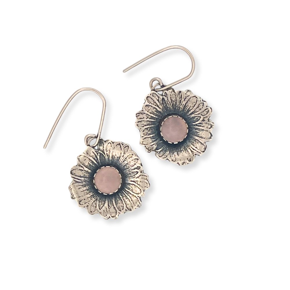 Daisy with Rose Quartz Silver Earrings -