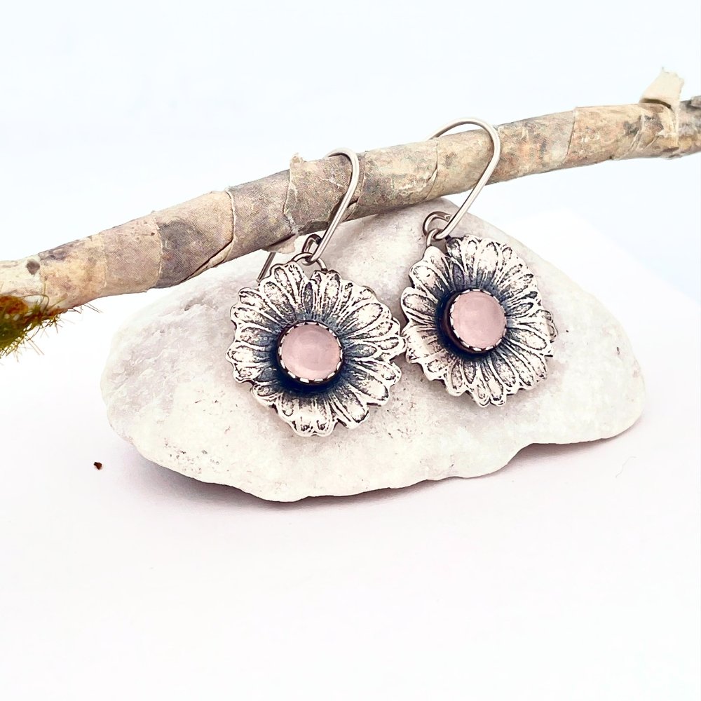 Daisy with Rose Quartz Silver Earrings - pure whimsy jewelry