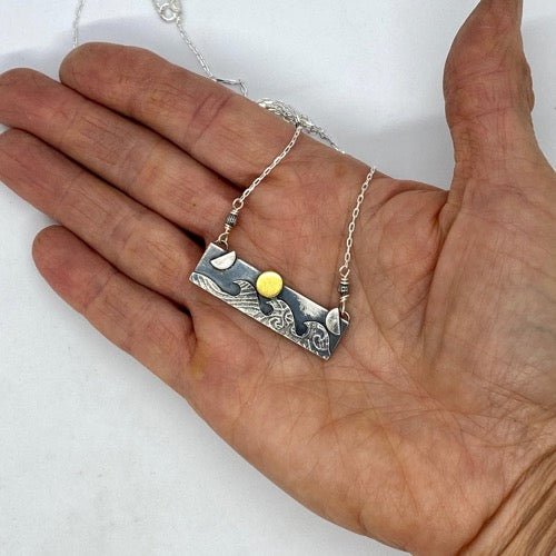 Gold Moon Rising Ocean Waves Silver Bar Necklace | Pure Whimsy Jewelry