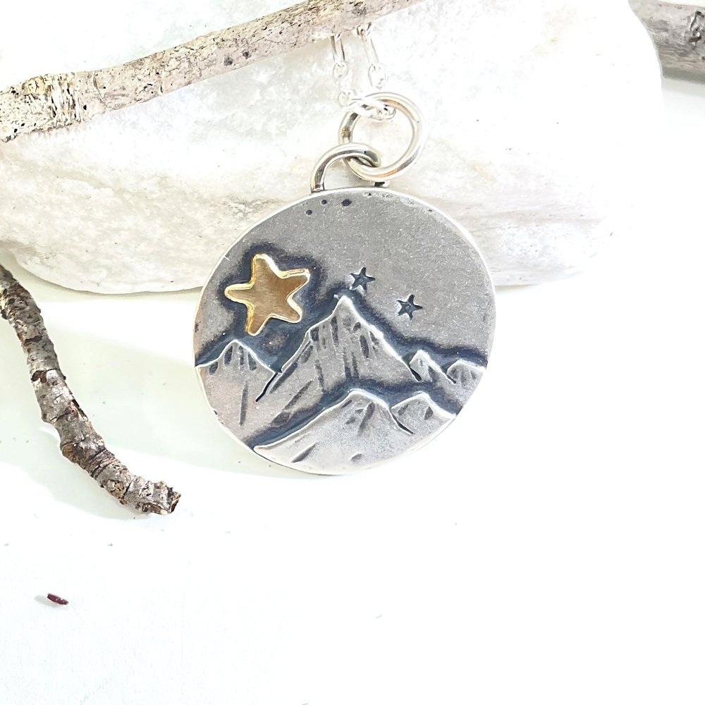 Gold Star Round Mountain Silver Pendant Necklace -