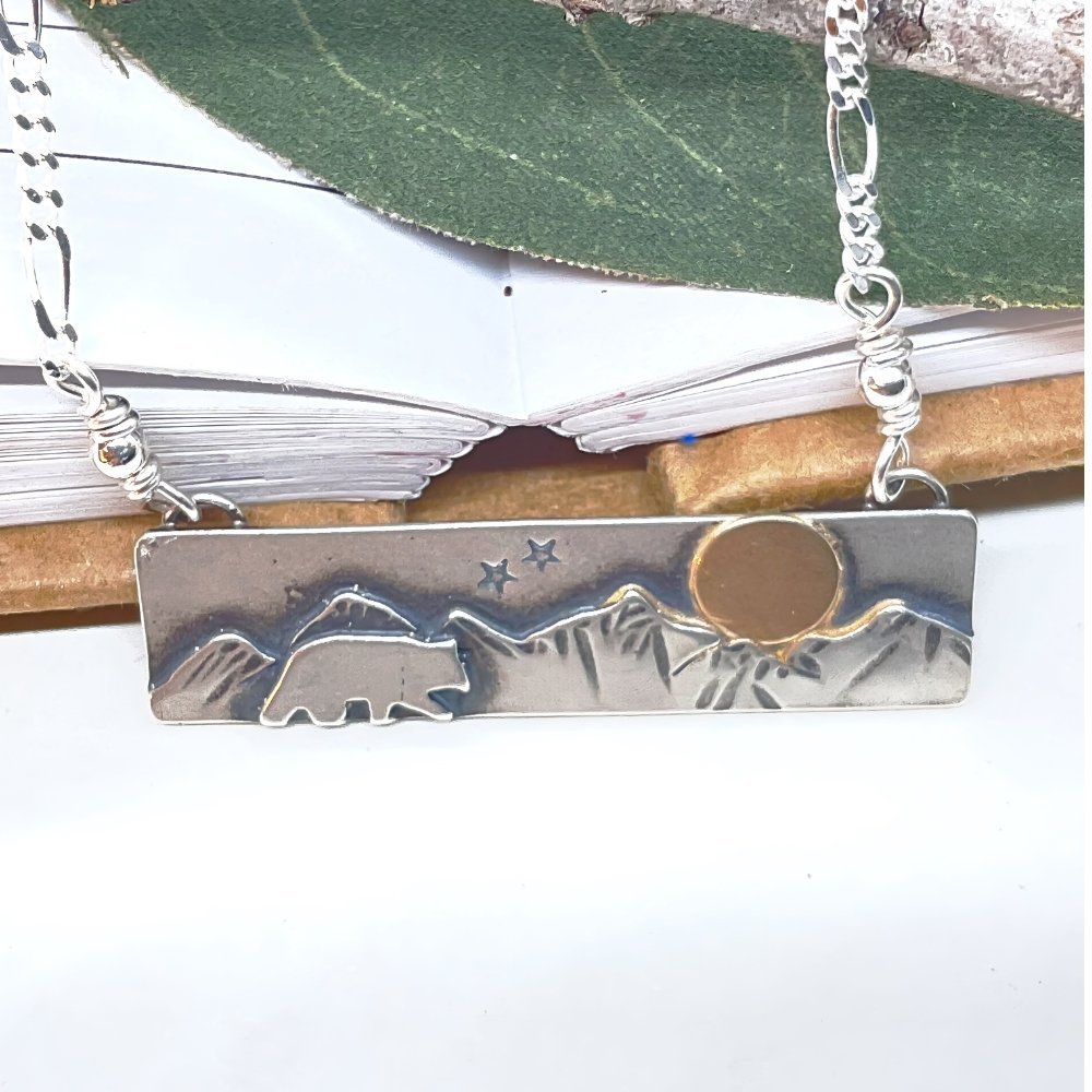 Mountain Bear Mixed Metal Silver and Gold Bar Necklace | Pure Whimsy Jewelry