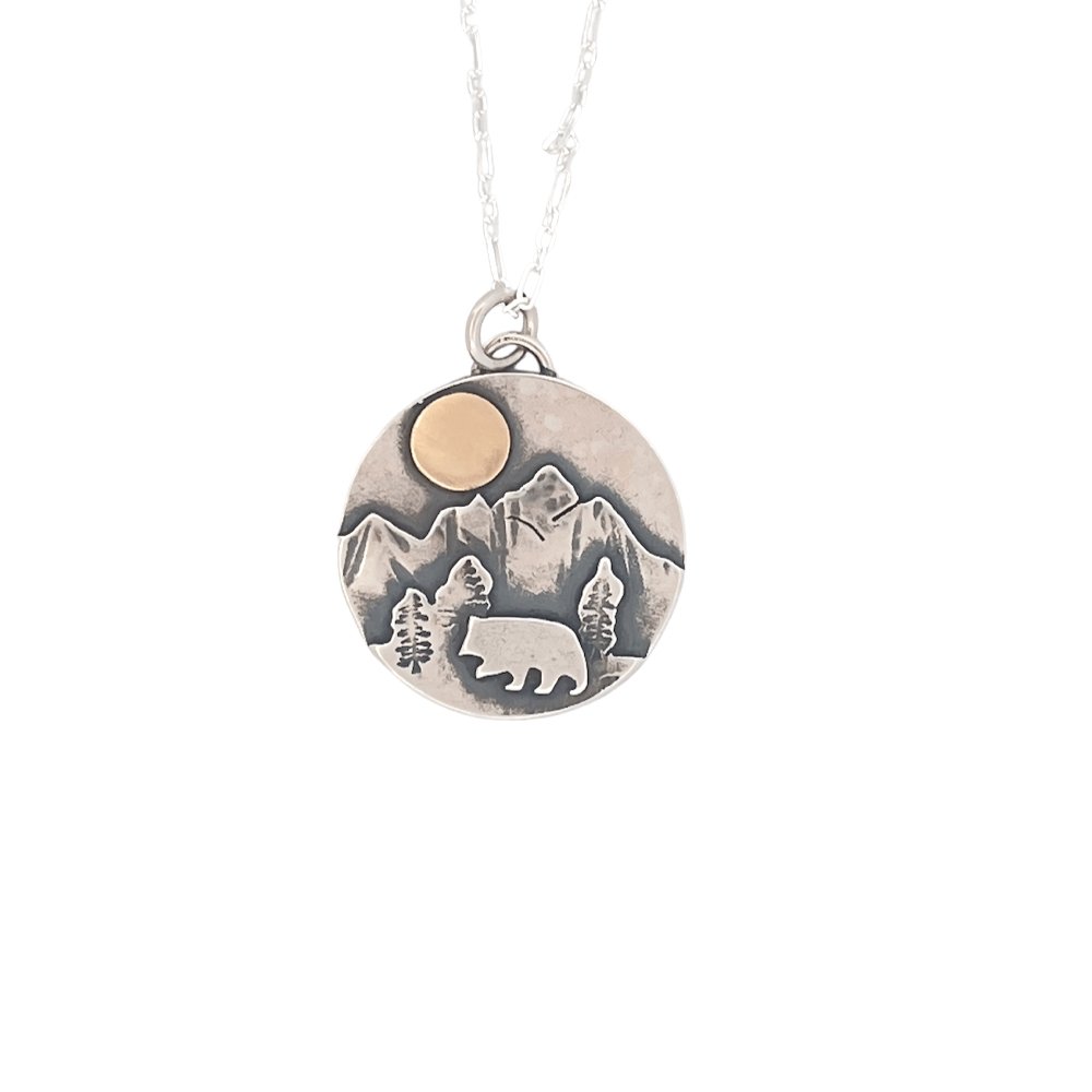 Mountain Bear Mixed metal silver gold pendant Necklace -