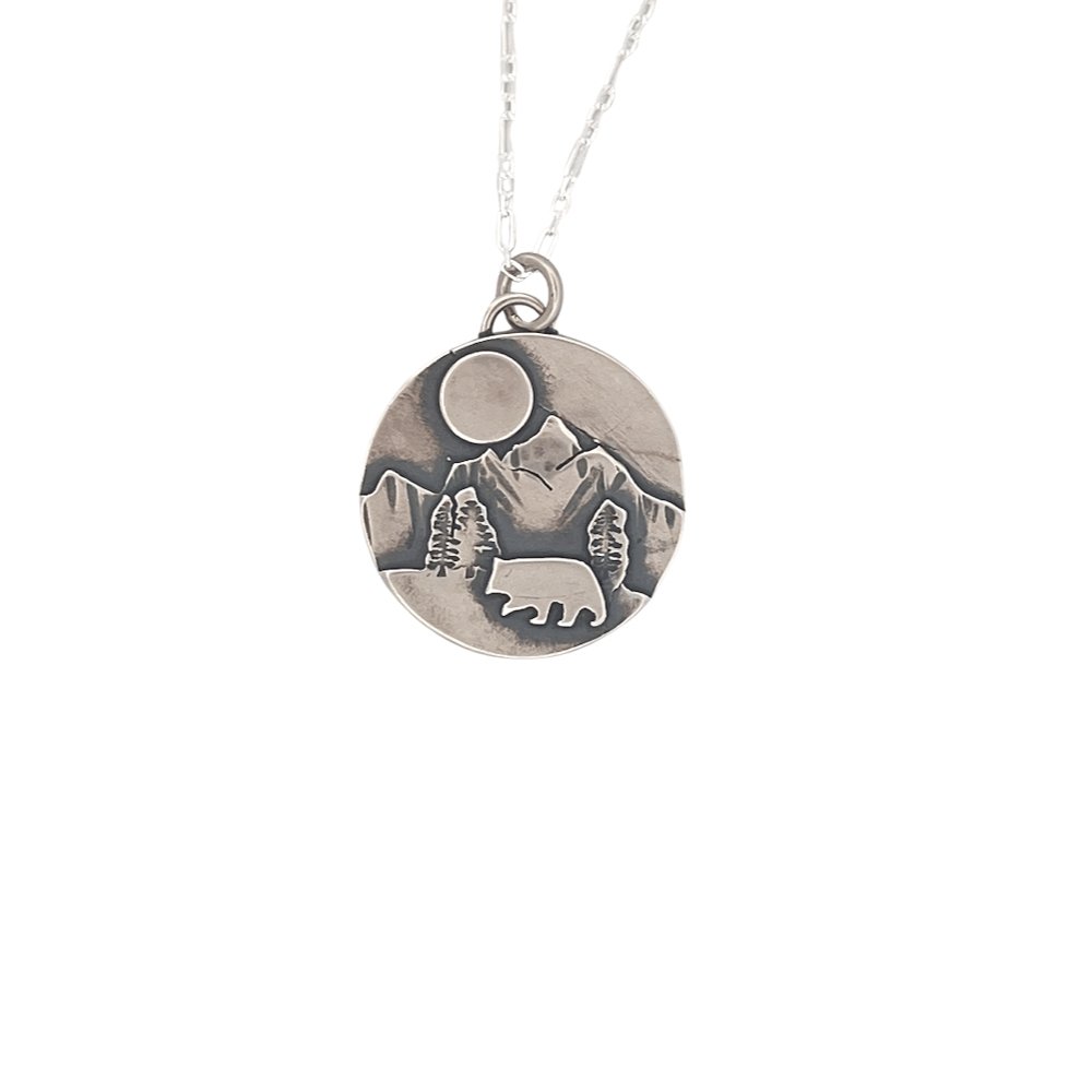 Mountain Bear silver pendant Necklace -