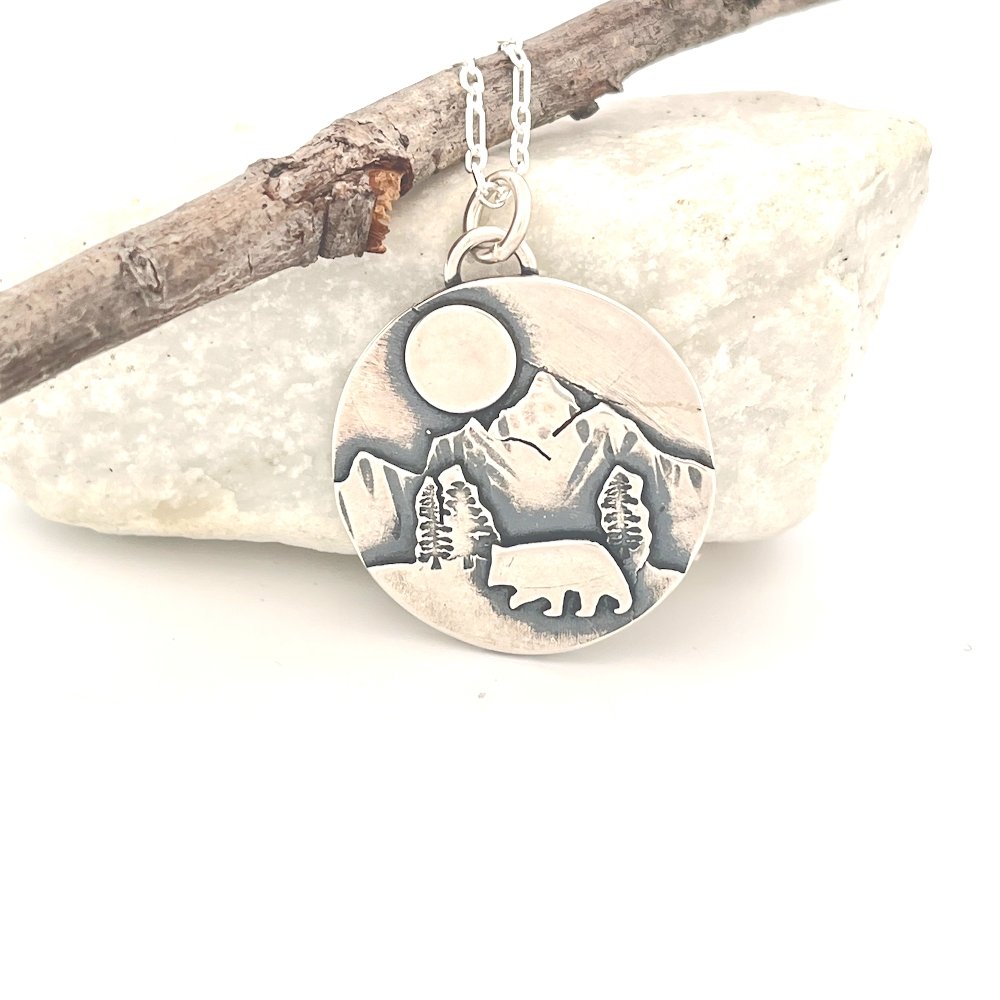 Mountain Bear silver pendant Necklace -