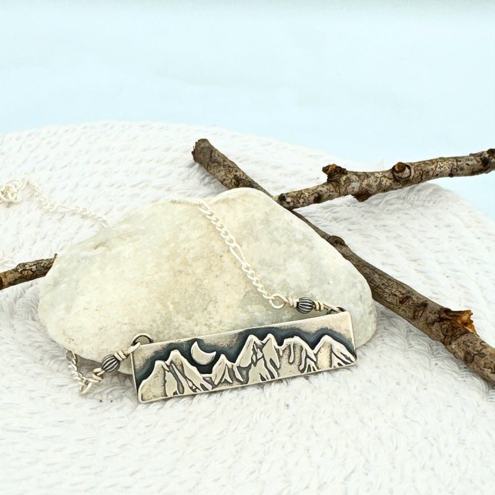 Mountain Quarter Moon Silver Bar Necklace -