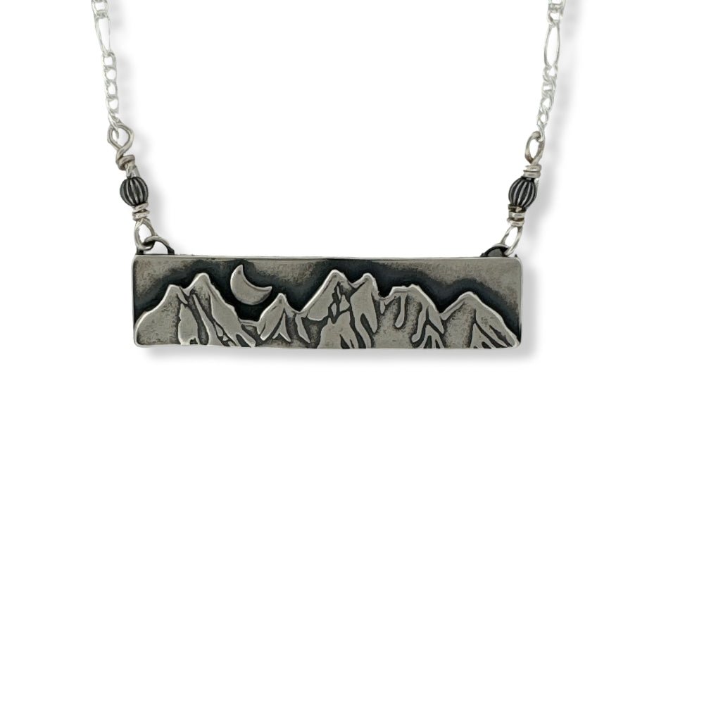 Mountain Quarter Moon Silver Bar Necklace -