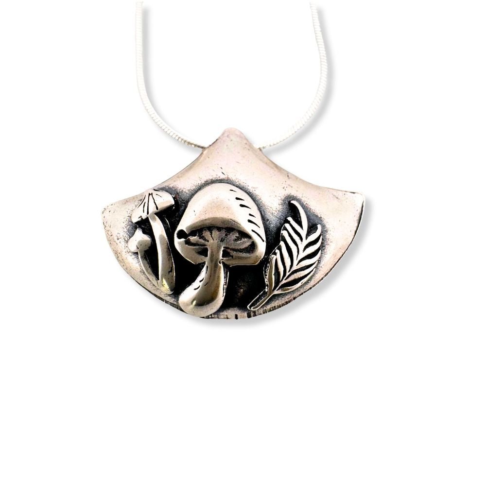 Mushroom Fern Silver Pendant Necklace -