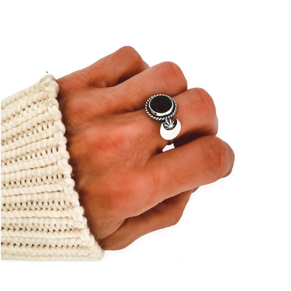 Onyx Moon Adjustable Silver Ring -