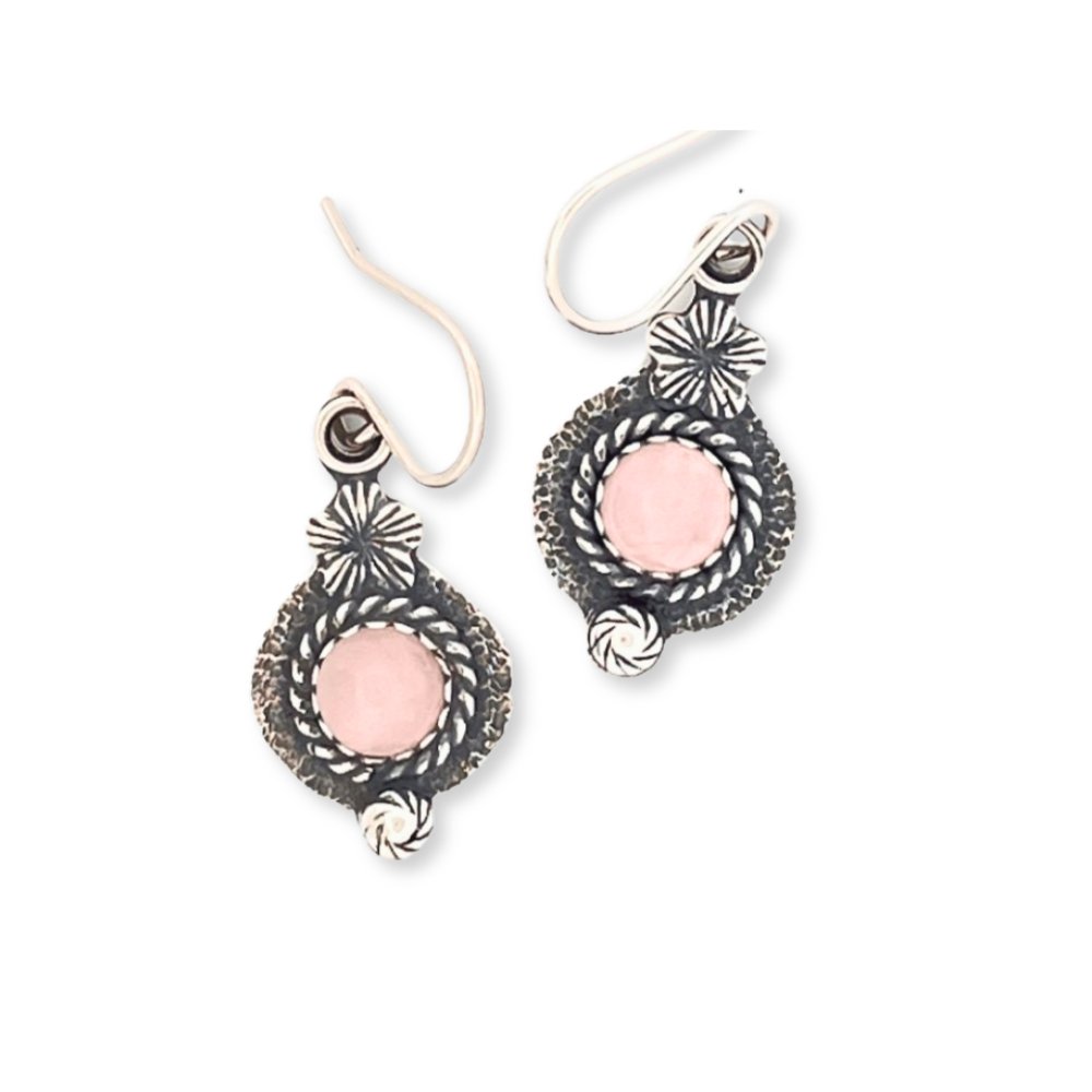 Rose Quartz Flower Silver Earrings -