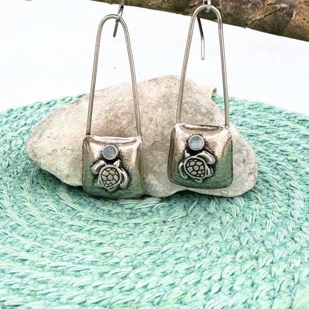 Sea Turtle Aquamarine Silver Earrings -
