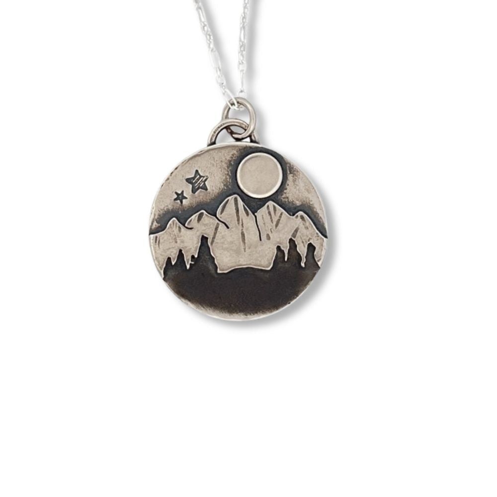 Shadowed Trees Mountain Silver Pendant Necklace -