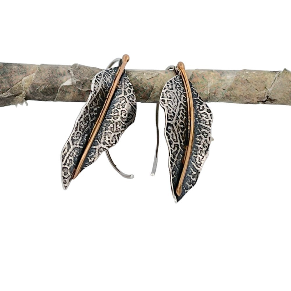 Silver Leaf Earrings with 14k Gold Vein - Pure whimsy jewelry