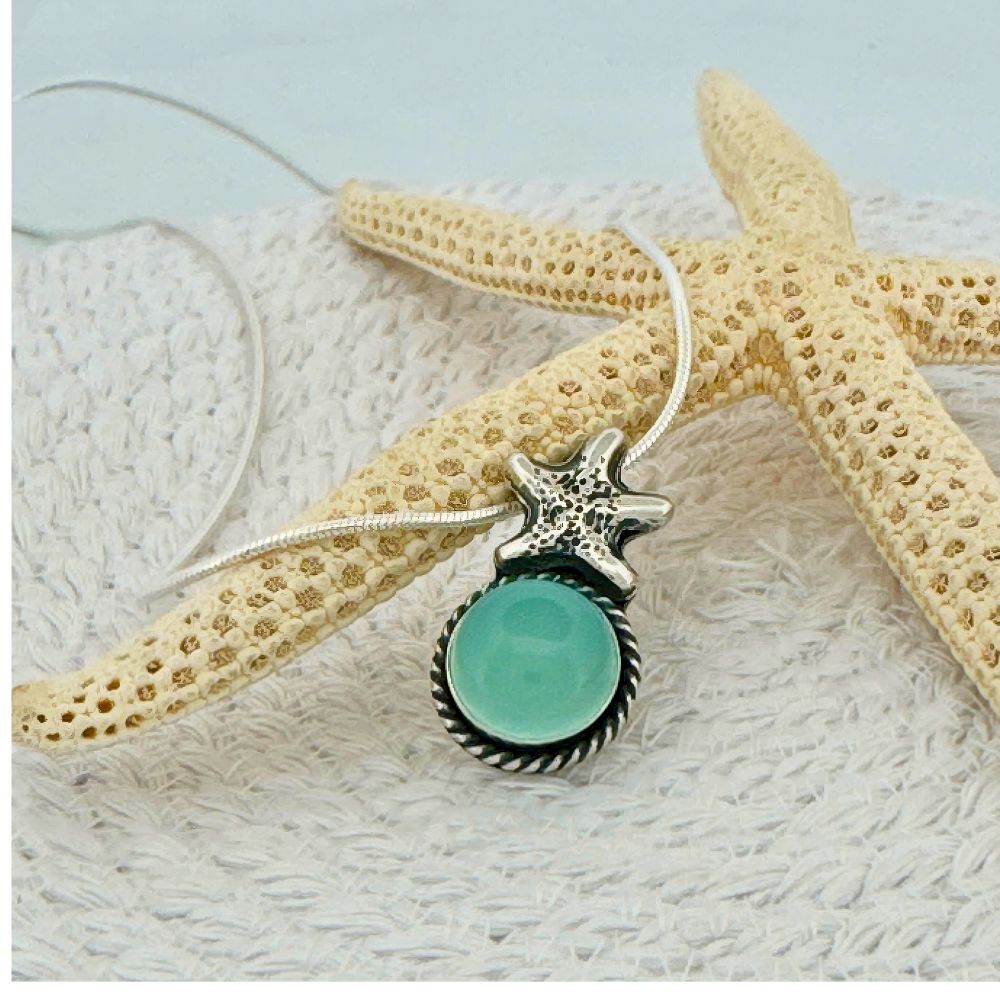 Starfish Aqua Chalcedony Silver Pendant Necklace -