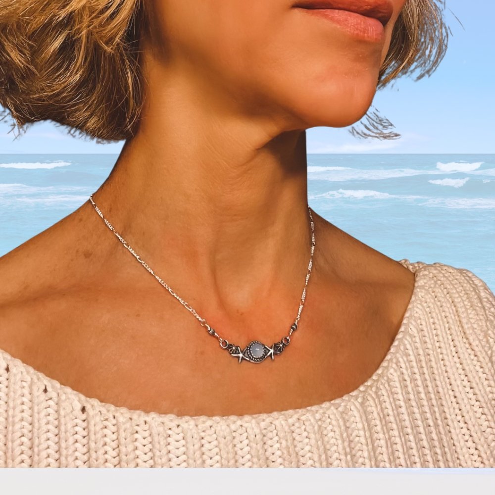Starfish Chalcedony Silver Bar Necklace -
