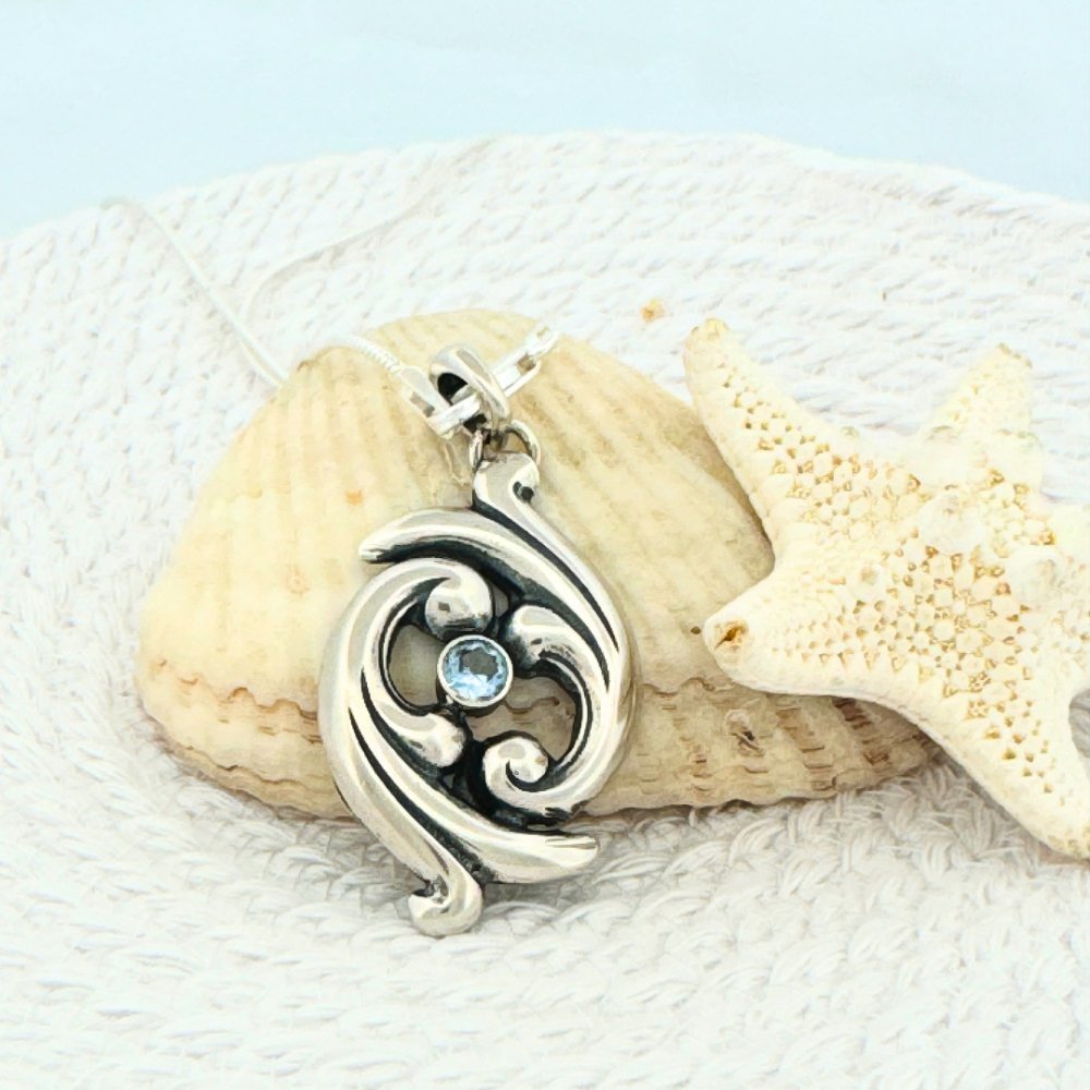 Swirling Ocean Waves Aquamarine Pendant Necklace -