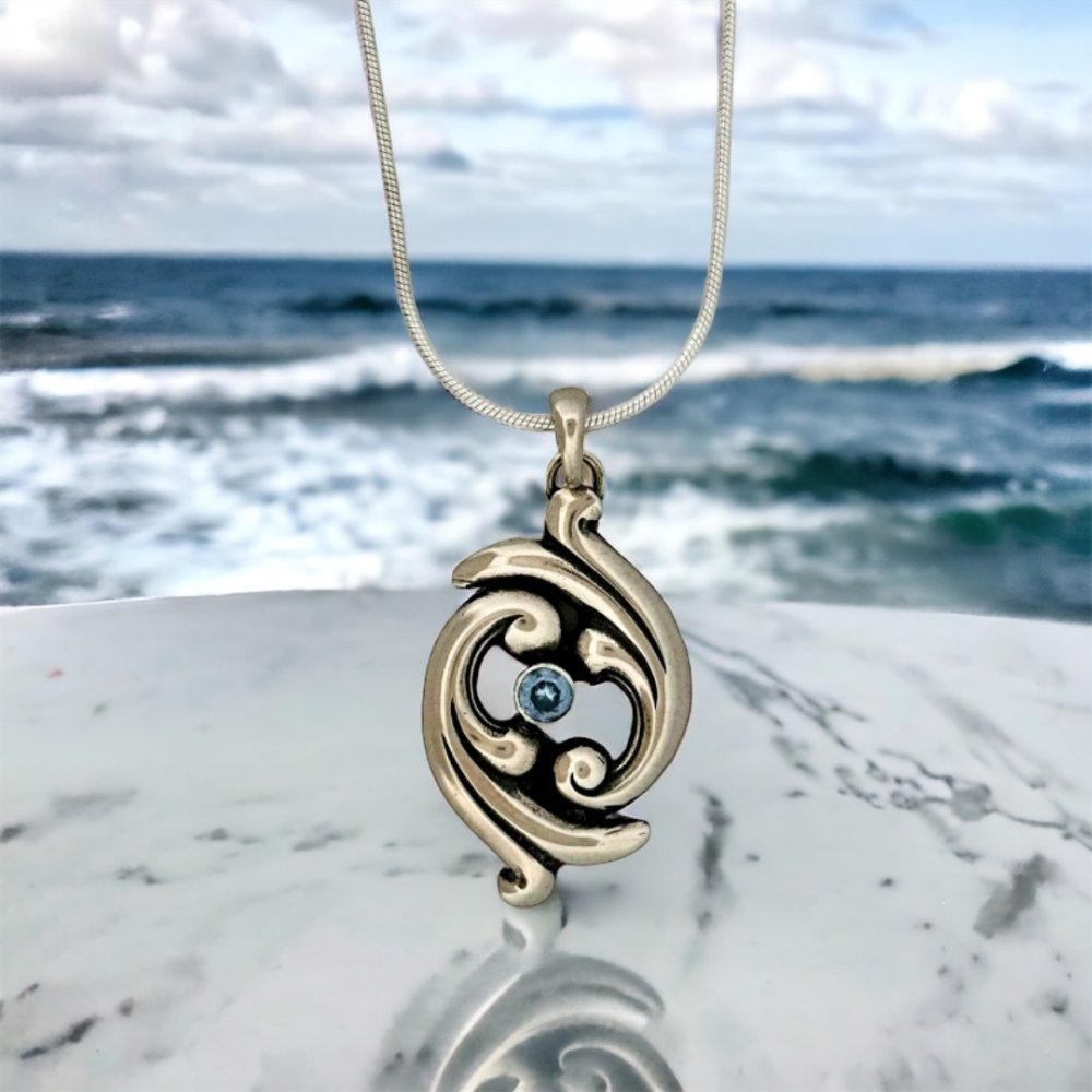 Swirling Ocean Waves Aquamarine Pendant Necklace -