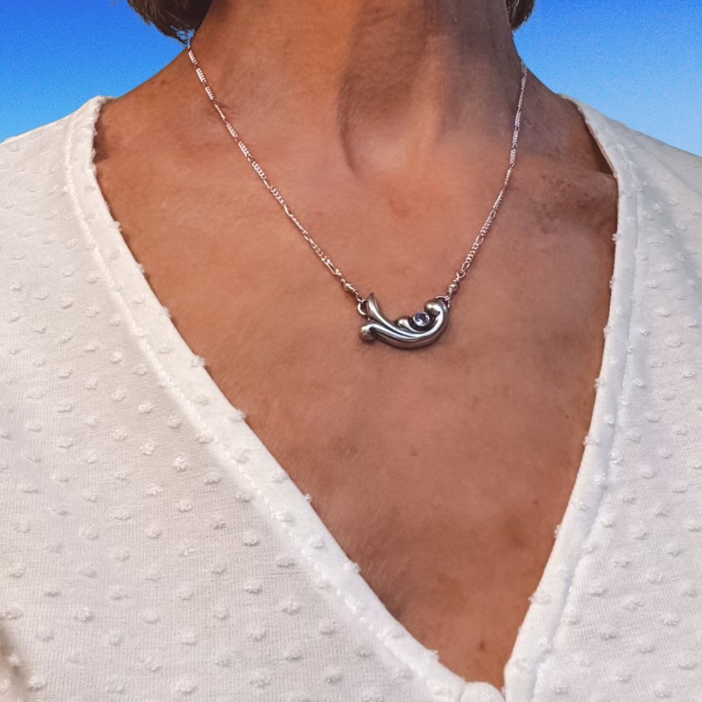 Swirling Ocean Waves Aquamarine Silver Bar Necklace -