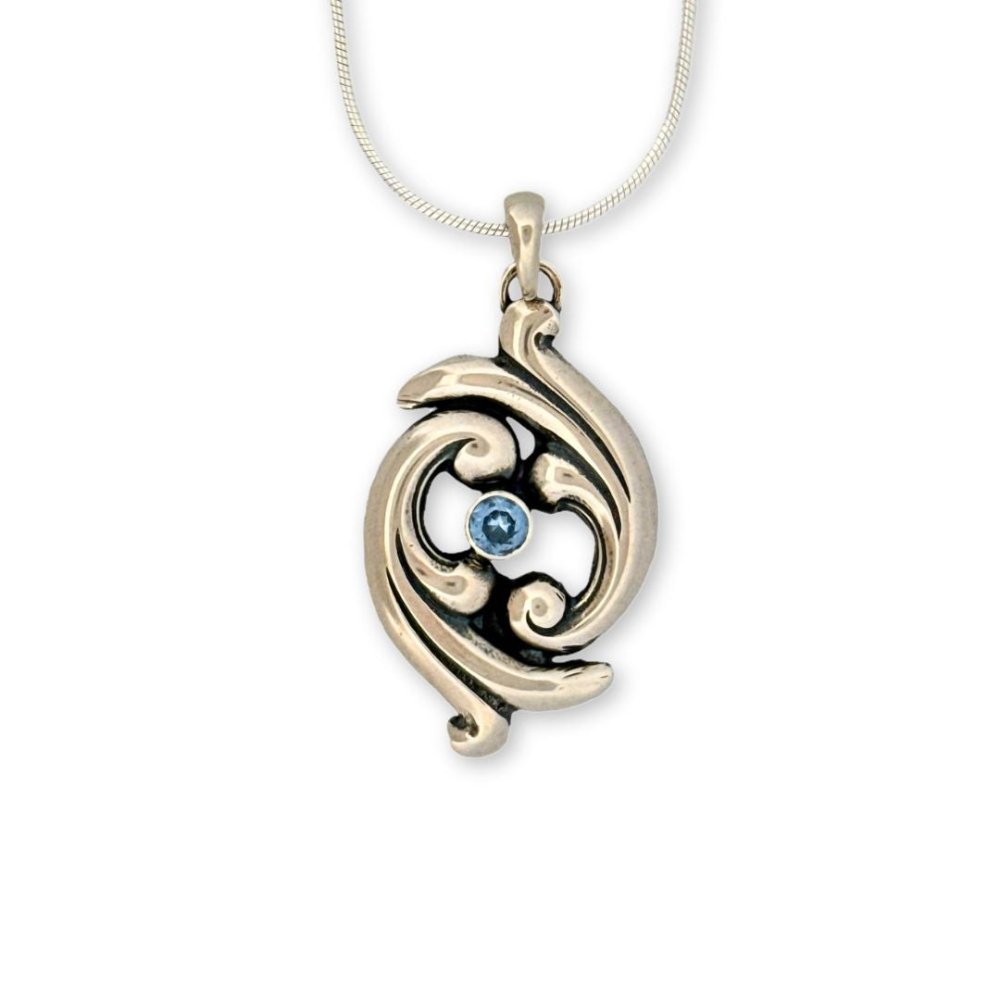 Swirling Ocean Waves Aquamarine Silver Pendant Necklace -